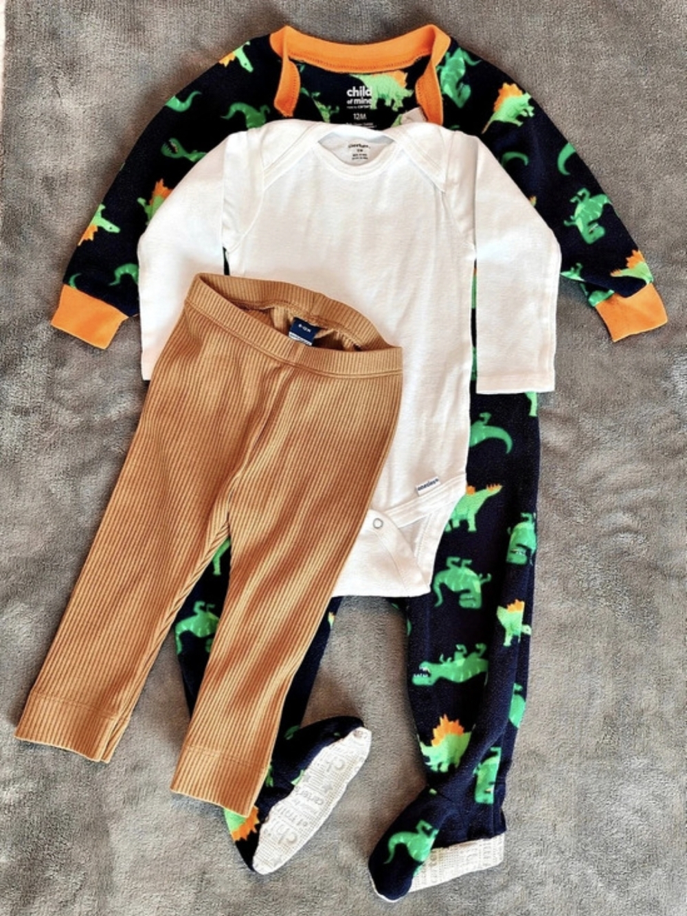 Kid's Carter's Sleeper, Gerber Onesie, & Old Navy Dark Tan Pants, 9-12 Months